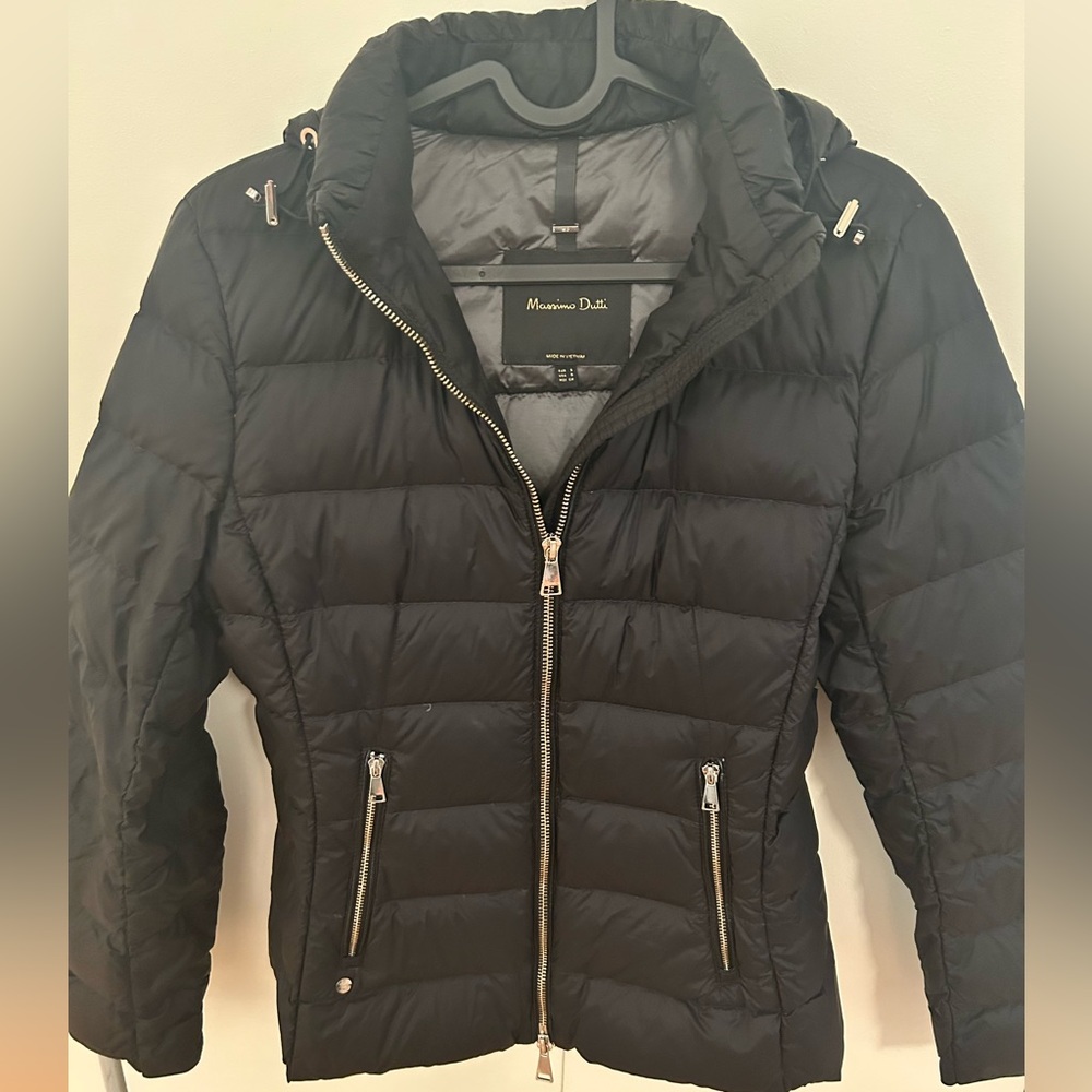 Massimo Dutti Black Down Packable Puffer Jacket with Hood